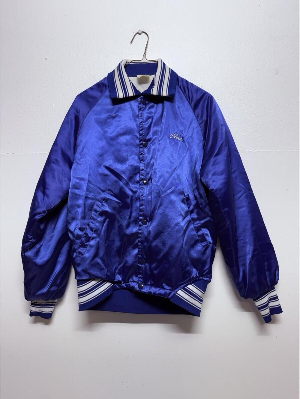 Vintage 1980s Satin Bomber Jacket Blue Size S/M Made in USA Embroidered “Nina”